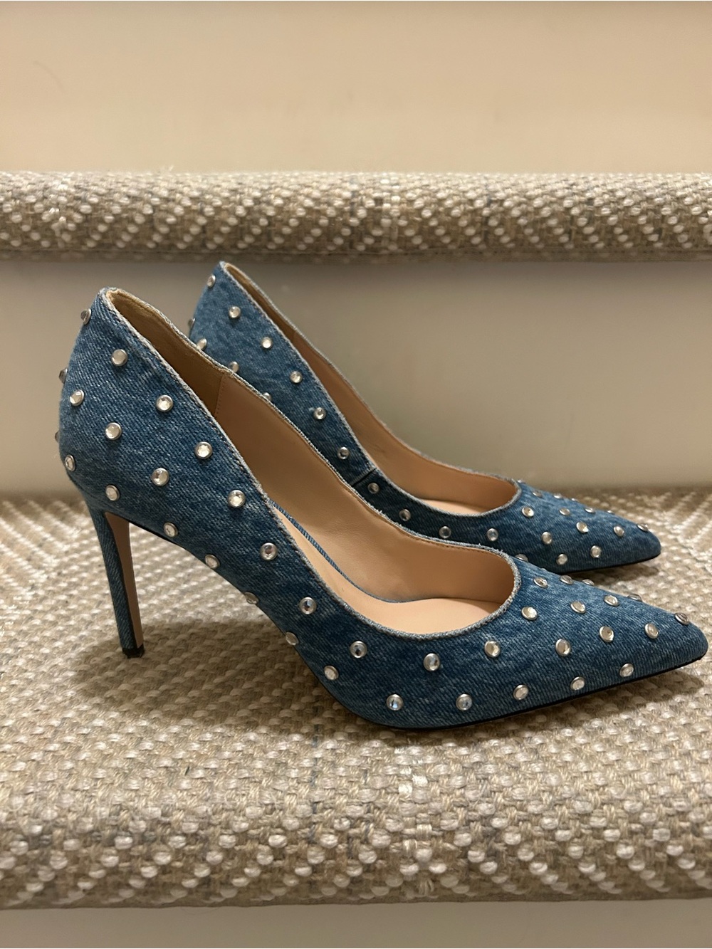 L’Agence Denim Crystal Pointed Toe Pumps